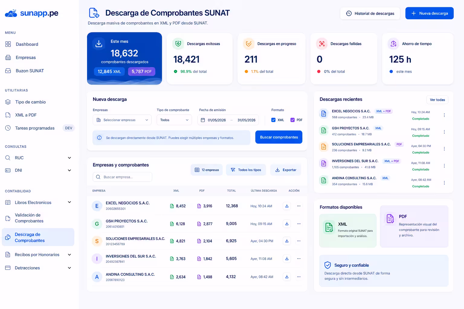 Pantalla de descarga de comprobantes SUNAT en SunApp